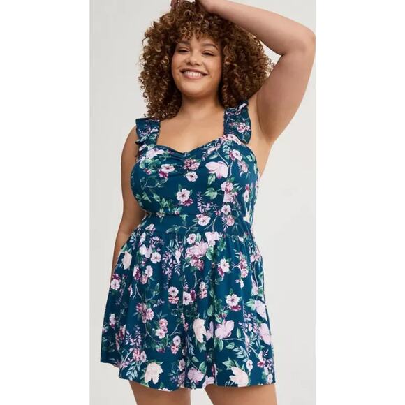 Torrid Melinda Floral Shorts Romper Blue Plus Size 2X - Picture 1 of 10